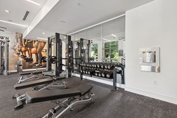 a gym with weights and other exercise equipment in front of a window